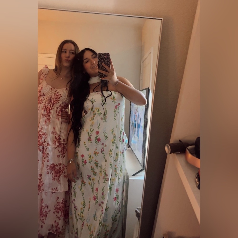 Show Me Your MuMu White Strapless Floral Maxi Dress with Pink & Green Accents